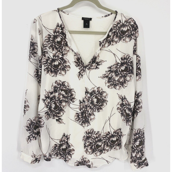 Ann Taylor Top Medium White Big Floral Print Long Sleeve V-neck Pullover